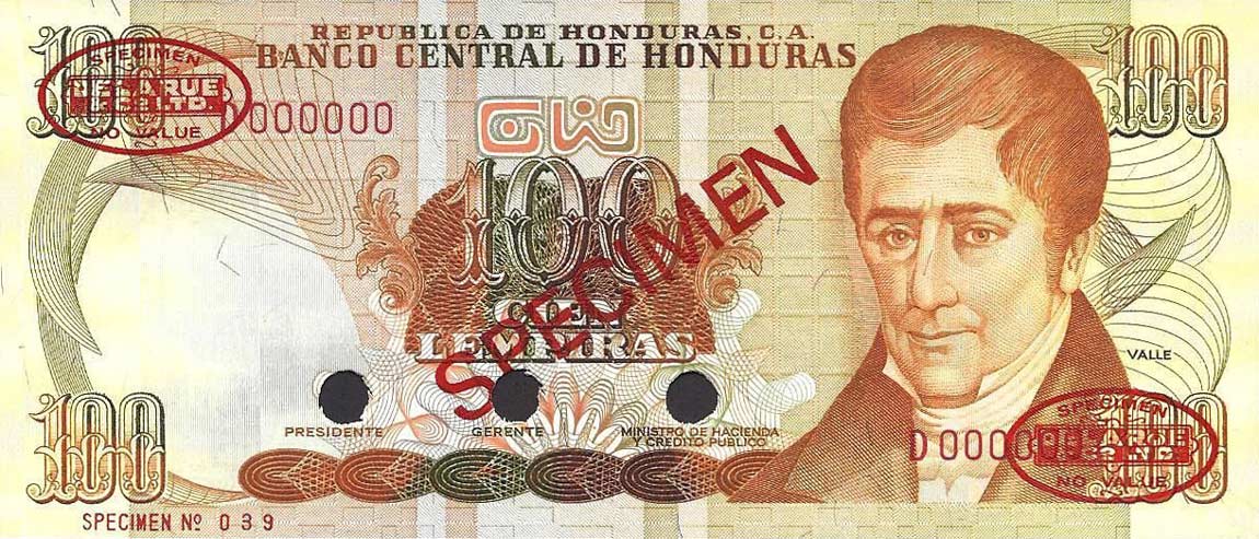 Front of Honduras p69s: 100 Lempiras from 1981