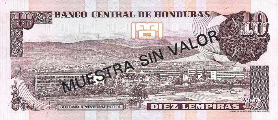 Back of Honduras p70s: 10 Lempiras from 1989