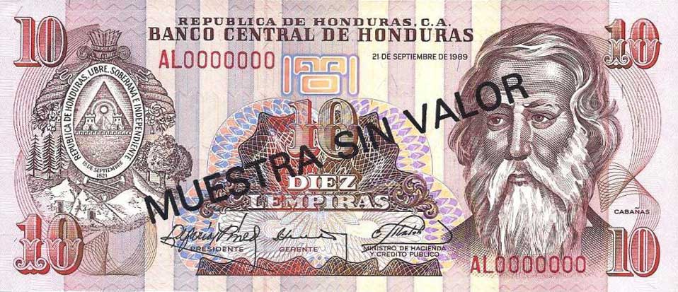 Front of Honduras p70s: 10 Lempiras from 1989