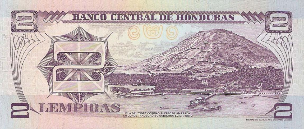 Back of Honduras p72a: 2 Lempiras from 1993