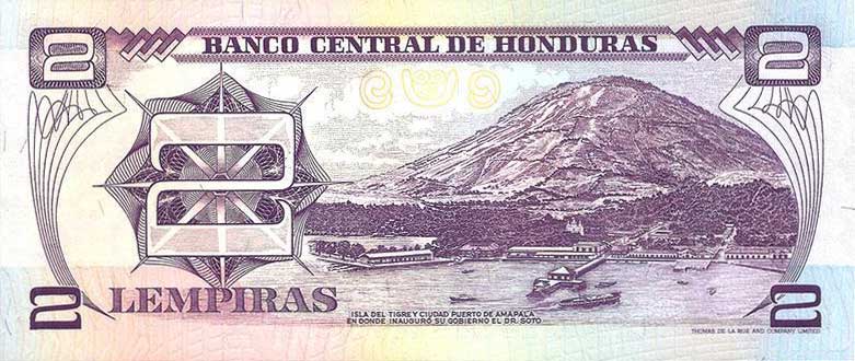 Back of Honduras p72b: 2 Lempiras from 1993