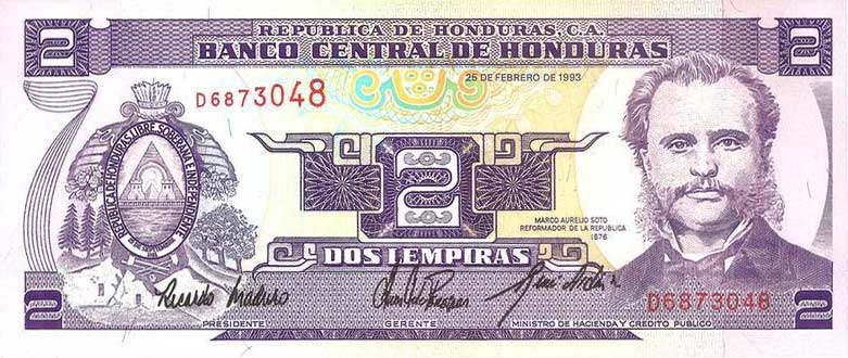 Front of Honduras p72b: 2 Lempiras from 1993