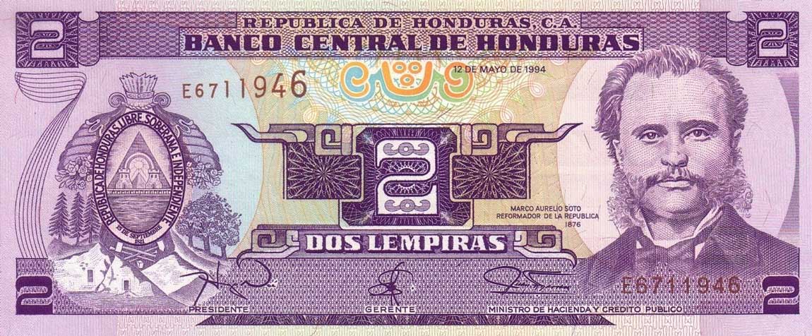 Front of Honduras p72c: 2 Lempiras from 1994