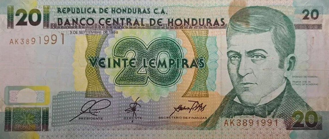 Front of Honduras p73A: 20 Lempiras from 1998