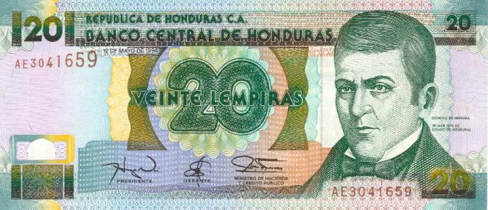 Front of Honduras p73a: 20 Lempiras from 1993