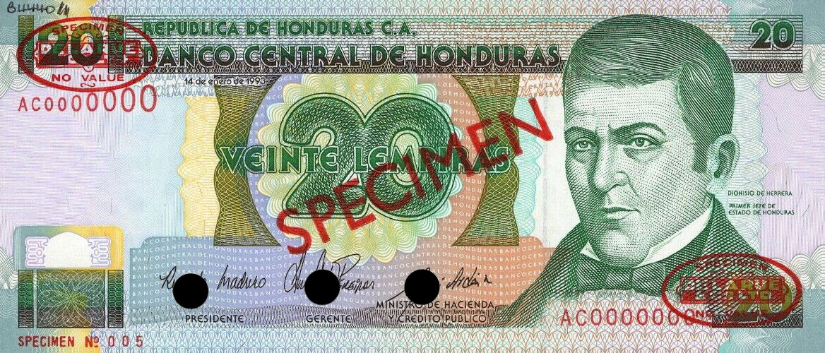 Front of Honduras p73s: 20 Lempiras from 1994