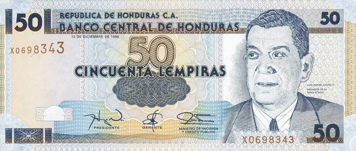 Front of Honduras p74d: 50 Lempiras from 1993