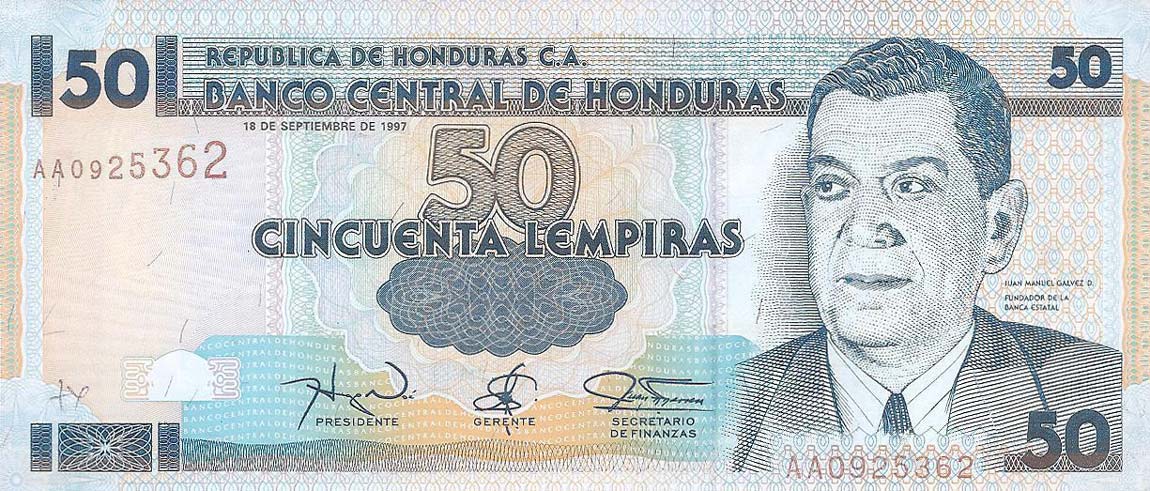 Front of Honduras p74e: 50 Lempiras from 1997