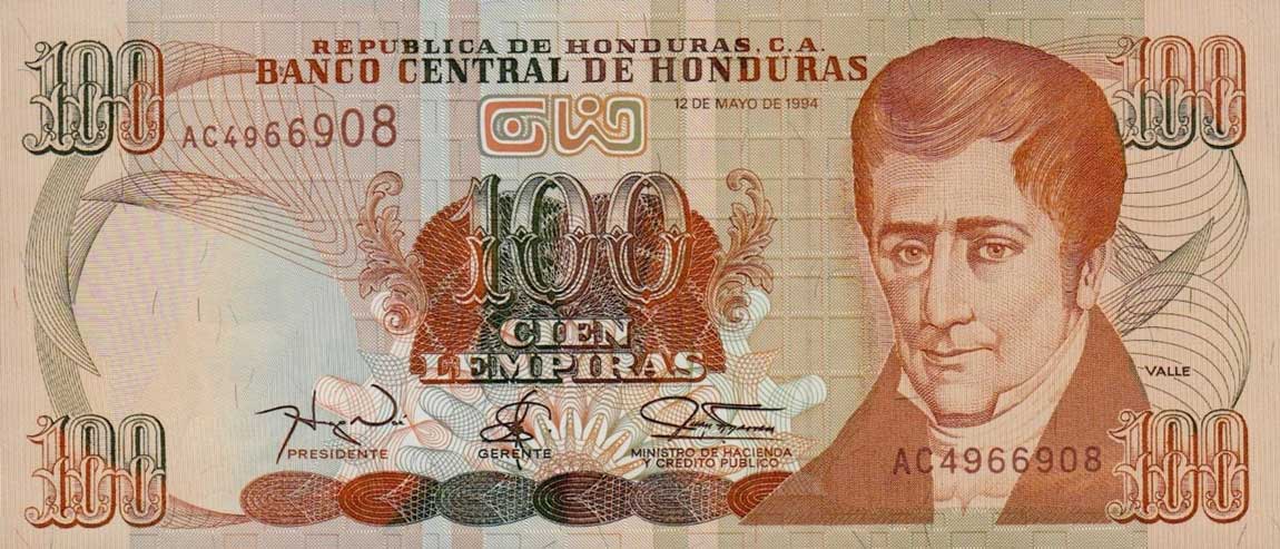 Front of Honduras p75c: 100 Lempiras from 1994