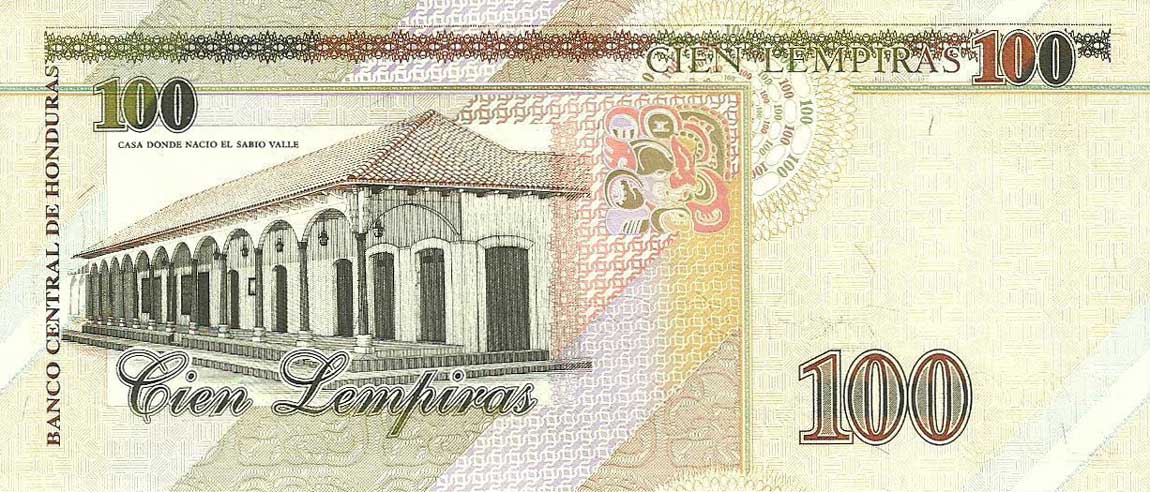 Back of Honduras p77b: 100 Lempiras from 1997