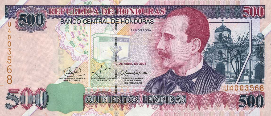 Front of Honduras p78g: 500 Lempiras from 2008