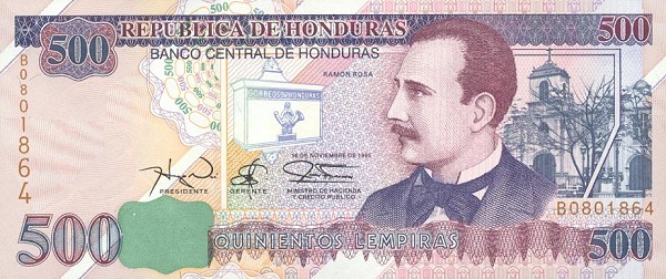 Front of Honduras p78a: 500 Lempiras from 1995