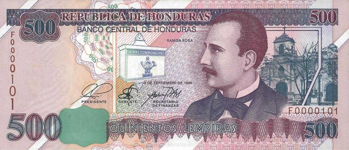 Front of Honduras p78b: 500 Lempiras from 1998