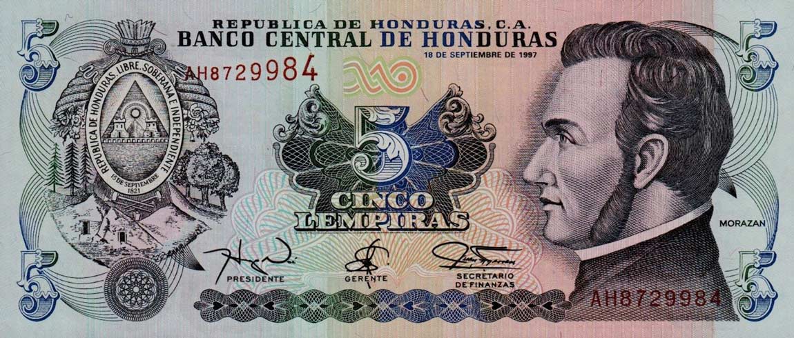 Front of Honduras p81b: 5 Lempiras from 1997