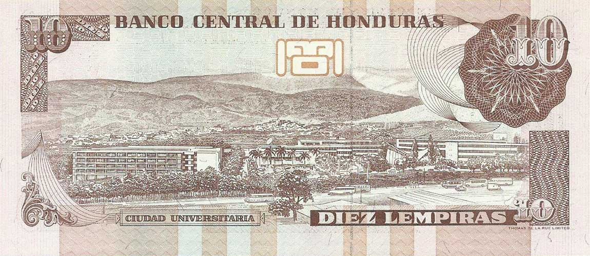 Back of Honduras p82b: 10 Lempiras from 1997