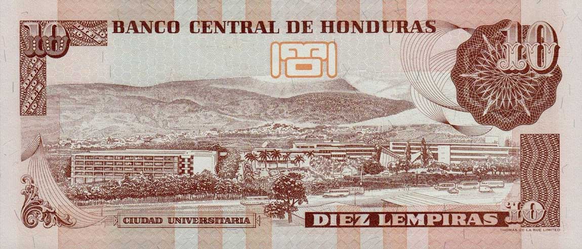 Back of Honduras p82c: 10 Lempiras from 1998
