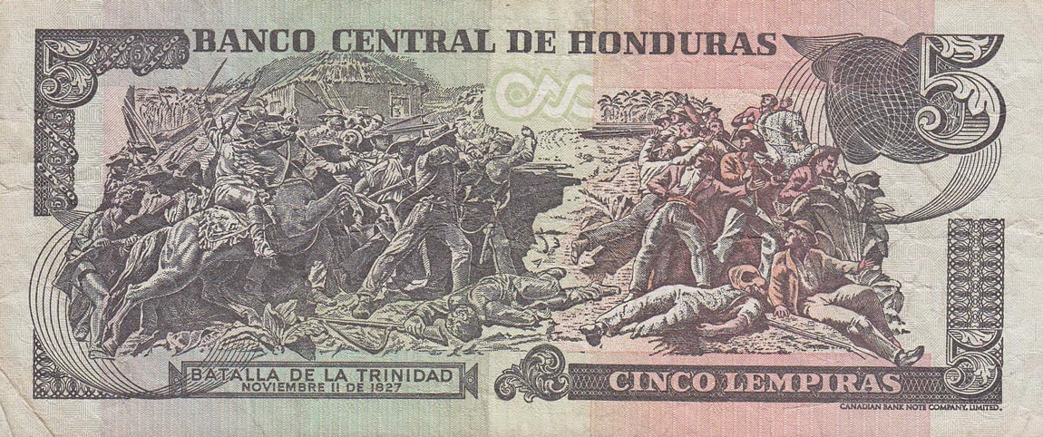 Back of Honduras p85d: 5 Lempiras from 2004