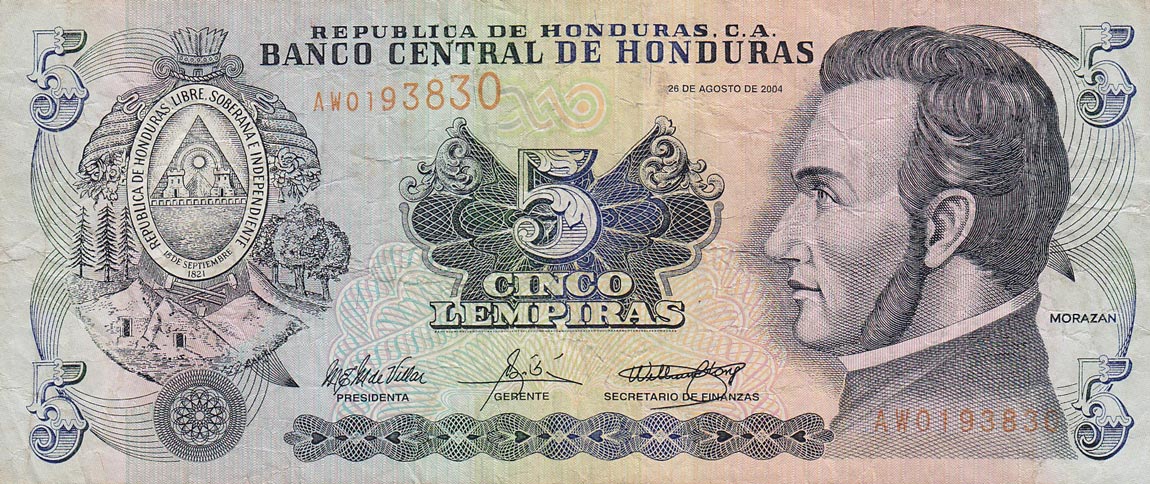 Front of Honduras p85d: 5 Lempiras from 2004