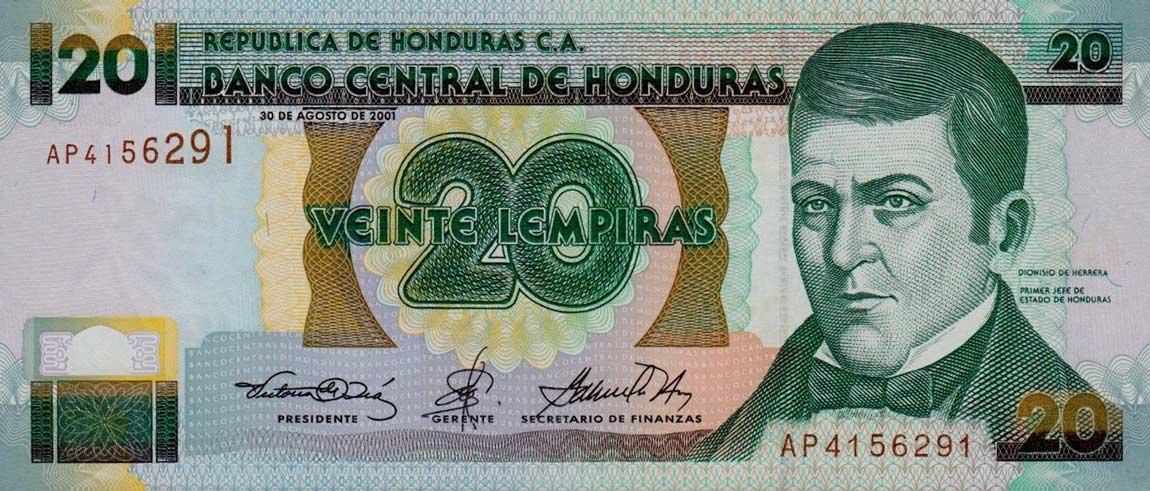 Front of Honduras p87a: 20 Lempiras from 2001