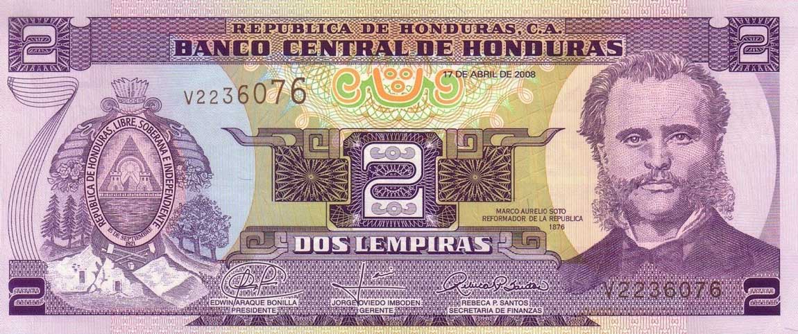 Front of Honduras p90: 2 Lempiras from 2004