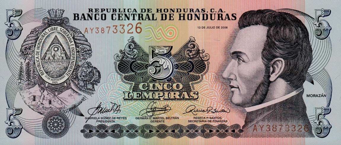 Front of Honduras p91a: 5 Lempiras from 2006