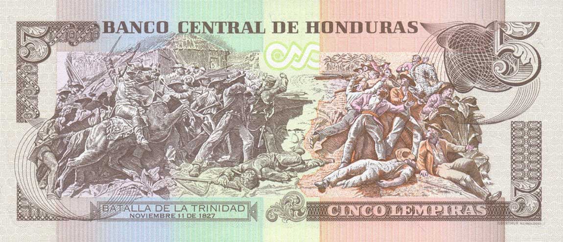 Back of Honduras p91c: 5 Lempiras from 2010