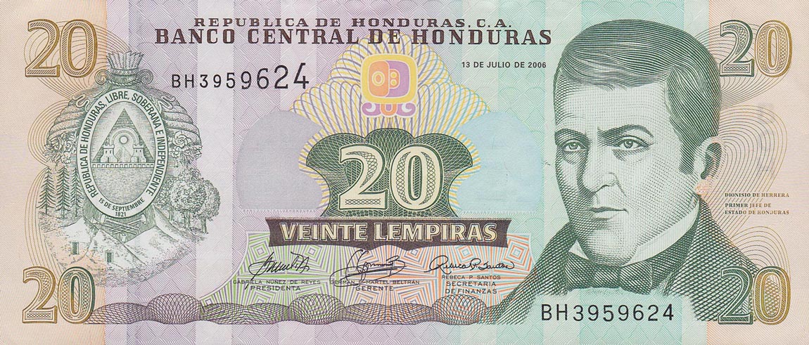 Front of Honduras p93a: 20 Lempiras from 2006