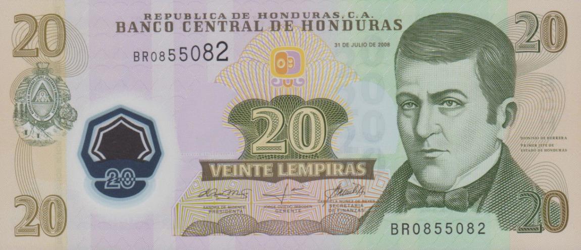 Front of Honduras p95: 20 Lempiras from 2008