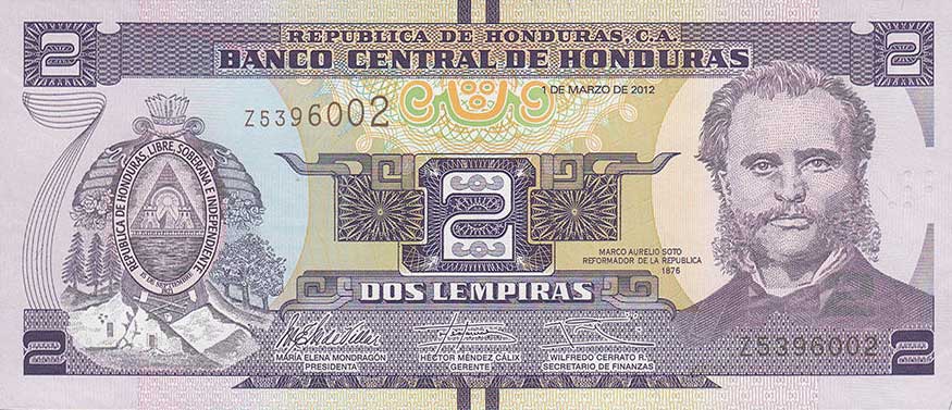 Front of Honduras p97a: 2 Lempiras from 2012