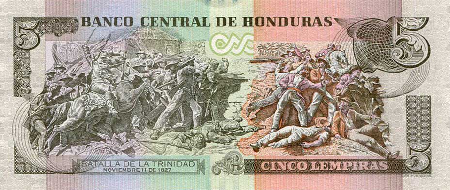 Back of Honduras p98a: 5 Lempiras from 2012