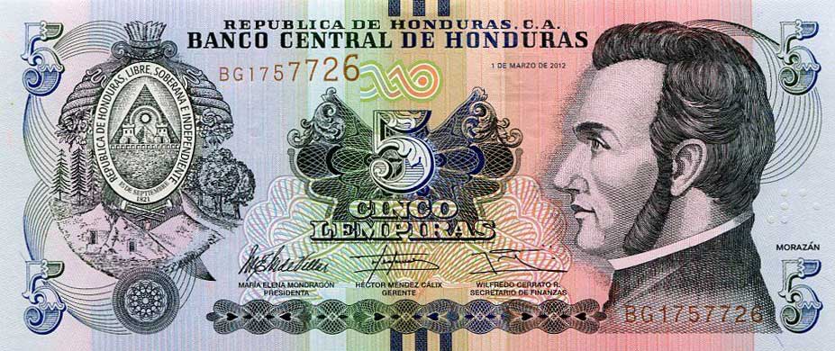 Front of Honduras p98a: 5 Lempiras from 2012