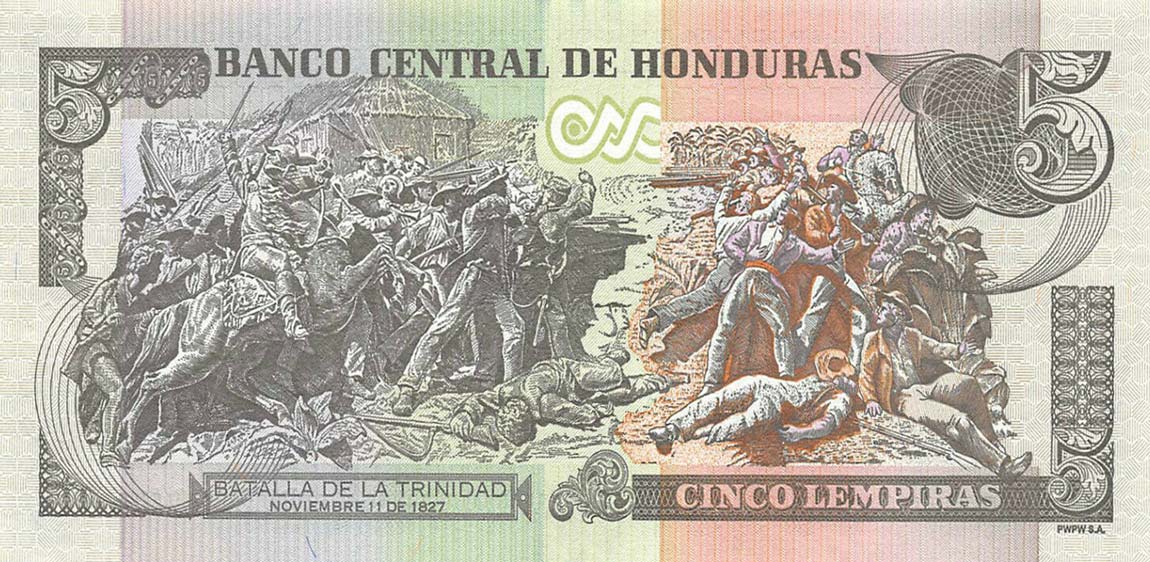 Back of Honduras p98c: 5 Lempiras from 2016