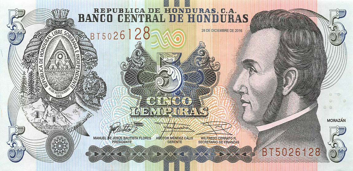 Front of Honduras p98c: 5 Lempiras from 2016