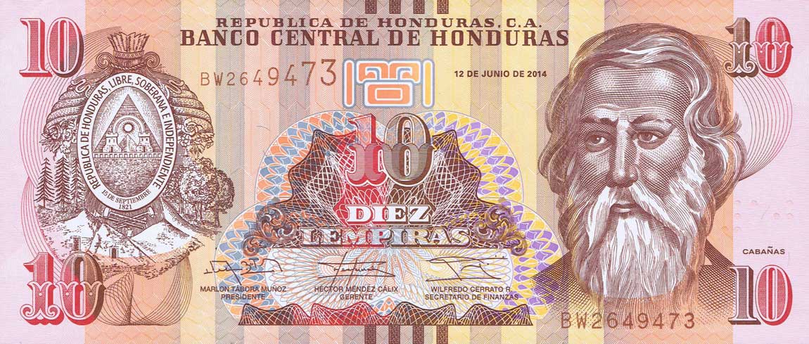 Front of Honduras p99b: 10 Lempiras from 2014