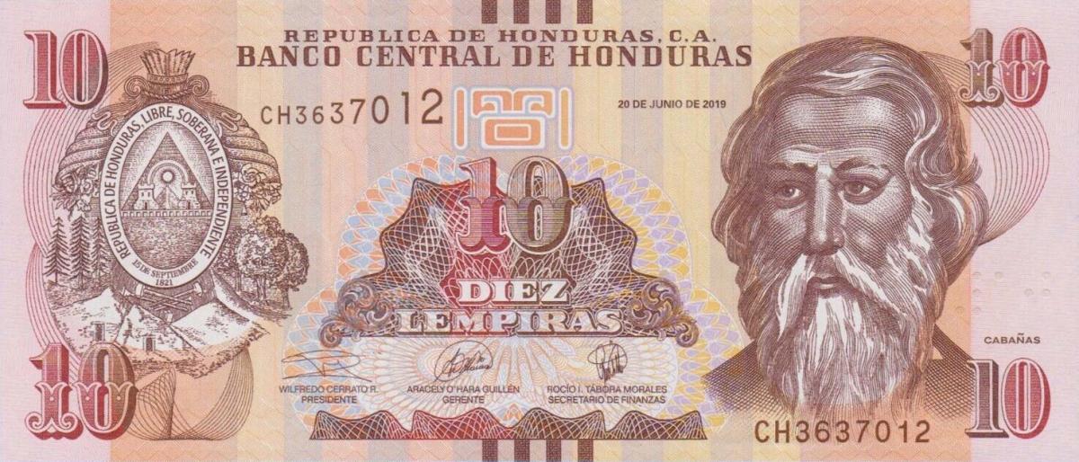 Front of Honduras p99d: 10 Lempiras from 2019