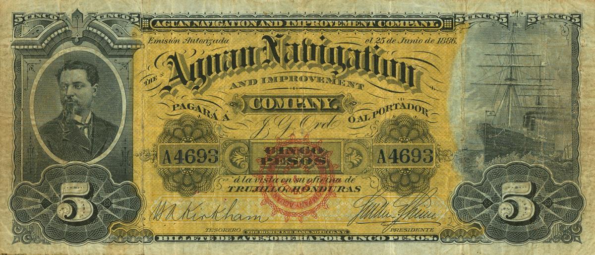 Front of Honduras pS104s: 5 Pesos from 1886