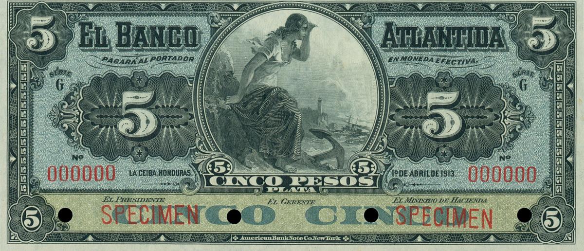 Front of Honduras pS113s: 5 Pesos from 1913