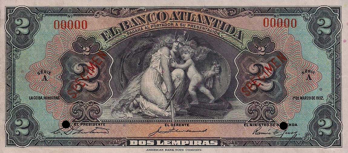 Front of Honduras pS122s: 2 Lempiras from 1932