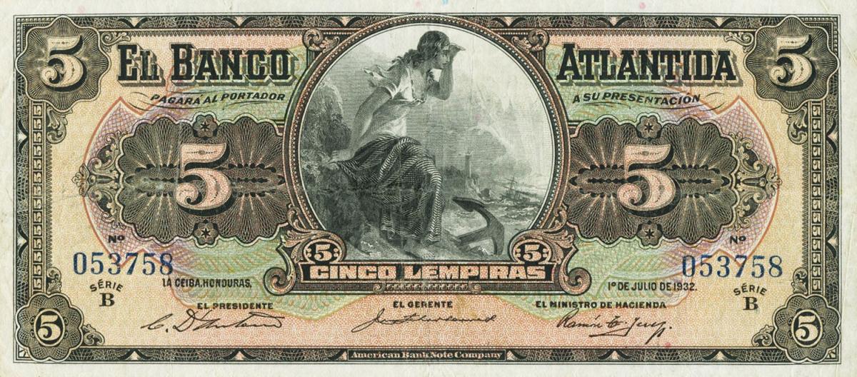 Front of Honduras pS123b: 5 Lempiras from 1932