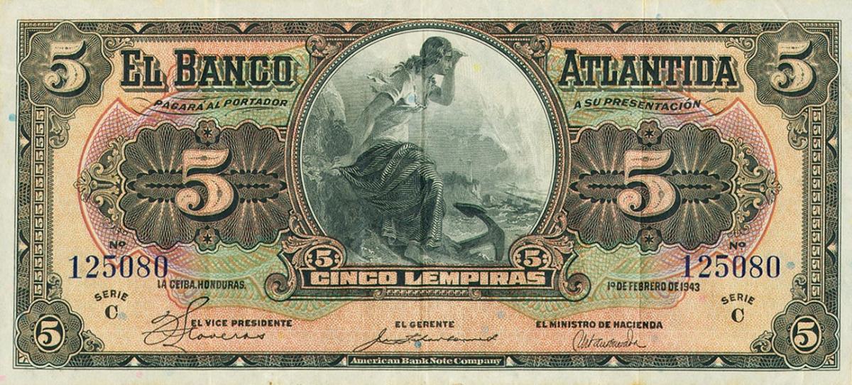 Front of Honduras pS123d: 5 Lempiras from 1943