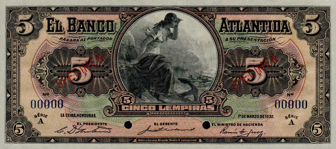 Front of Honduras pS123s: 5 Lempiras from 1932