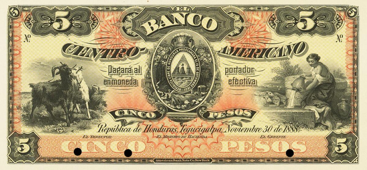 Front of Honduras pS133p: 5 Pesos from 1888