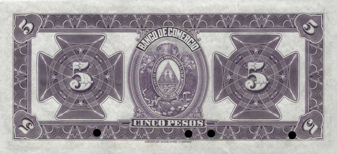 Back of Honduras pS143s: 5 Pesos from 1915