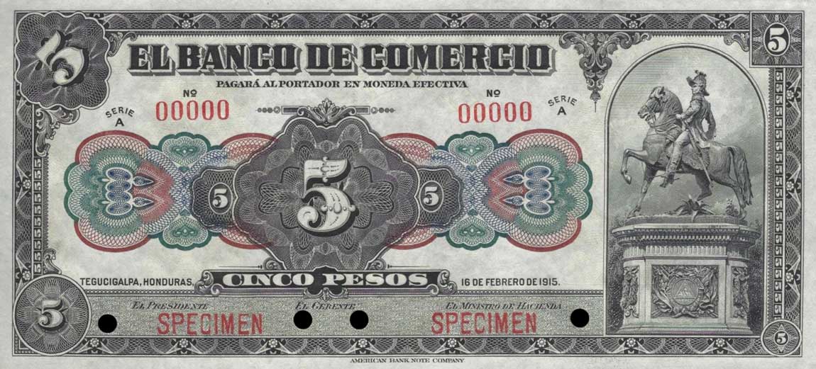 Front of Honduras pS143s: 5 Pesos from 1915