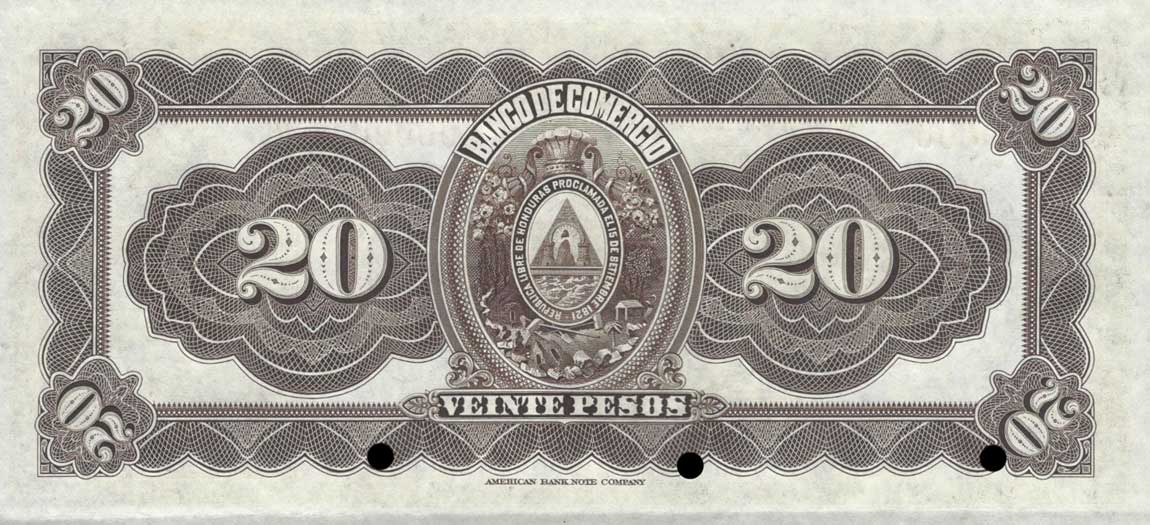 Back of Honduras pS145s: 20 Pesos from 1915