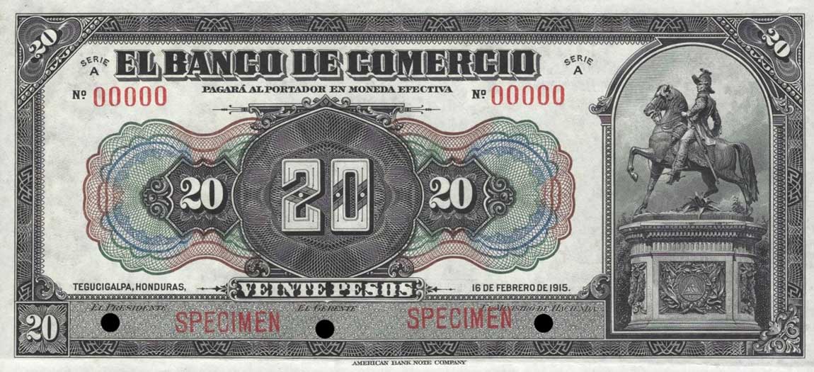 Front of Honduras pS145s: 20 Pesos from 1915