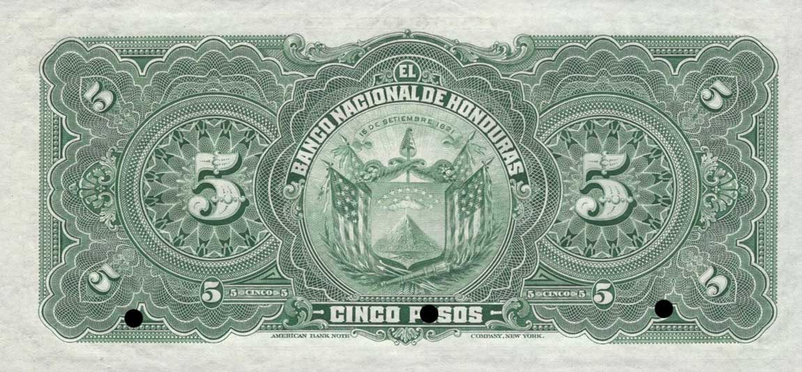 Back of Honduras pS148s: 5 Pesos from 1908