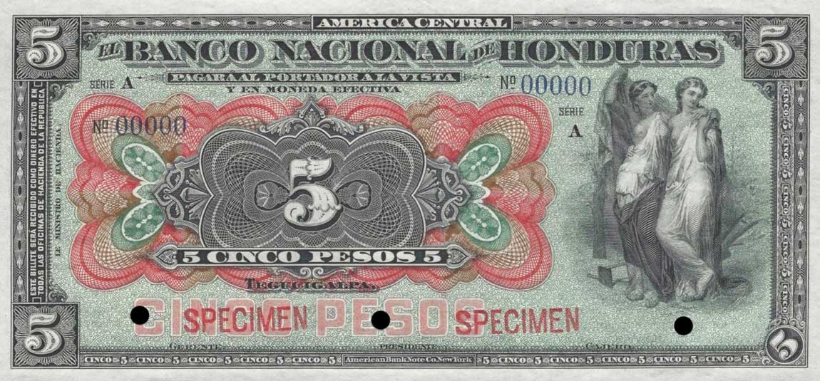 Front of Honduras pS148s: 5 Pesos from 1908