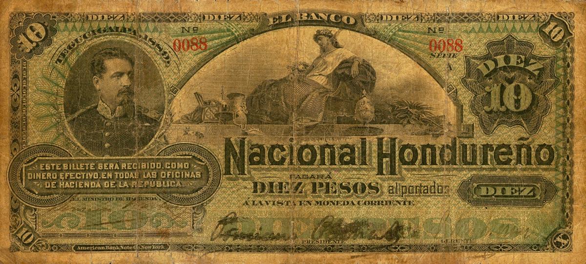 Front of Honduras pS157a: 10 Pesos from 1889