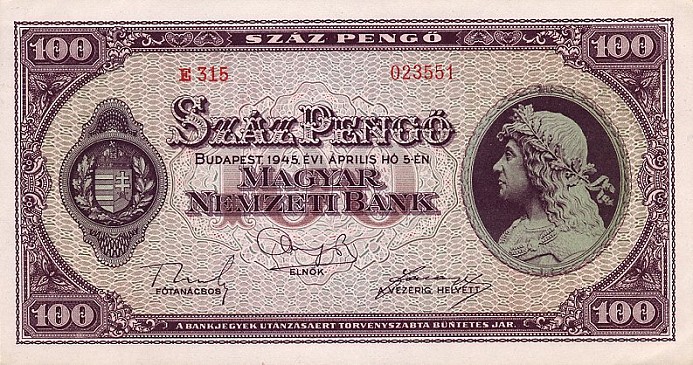 Front of Hungary p111a: 100 Pengo from 1945